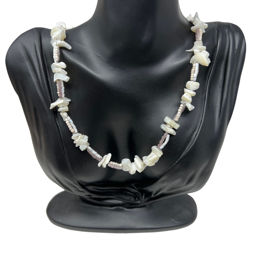 Shell and Beaded Necklace‎ Boho White Clear 21 inches Beach